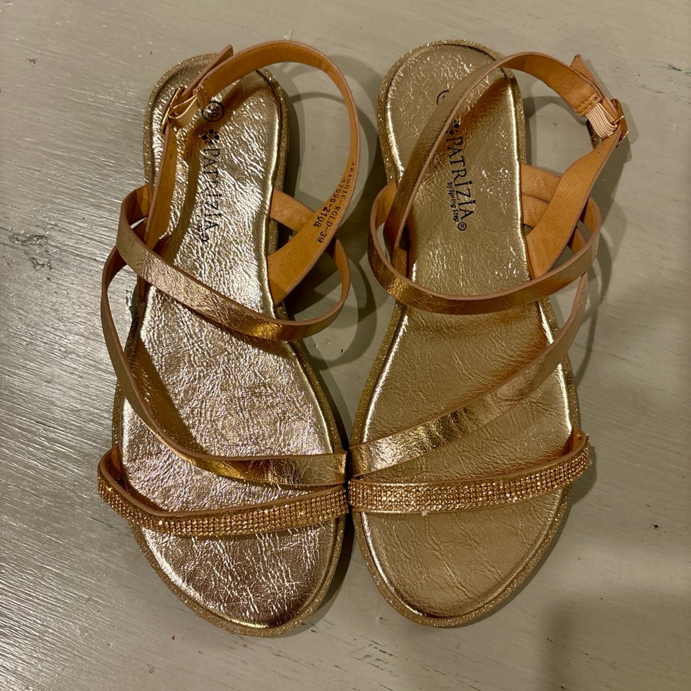 Patrizia Metallic Gold Strappy Sandals with Rhinestone Accent